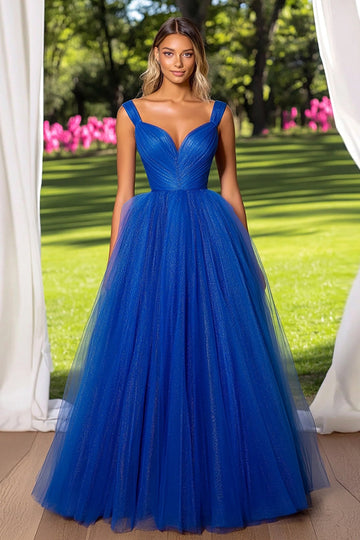 Robe de bal froncée en tulle bleu royal scintillant à col en V